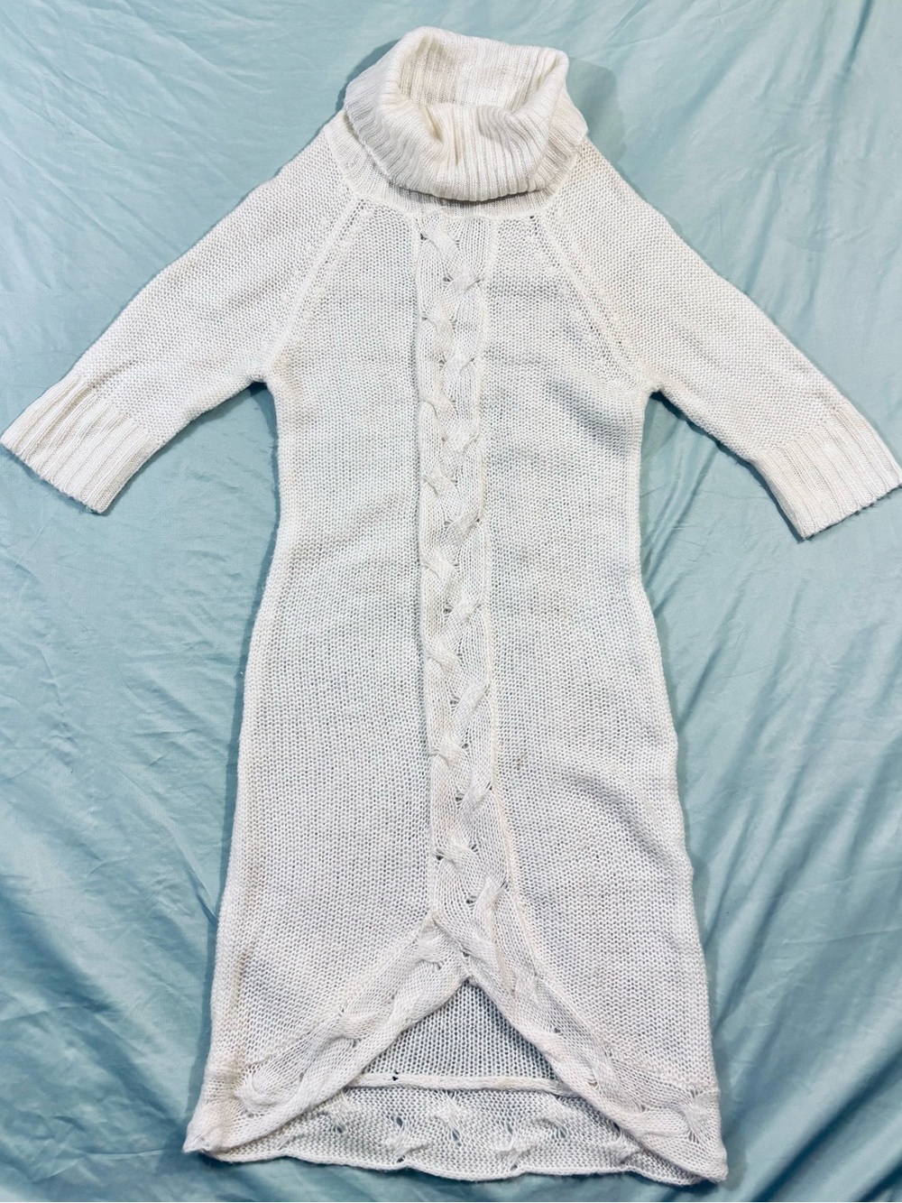 Allison Brittney Cream Cable Knit Turtleneck Sweater Dress Size L High Low